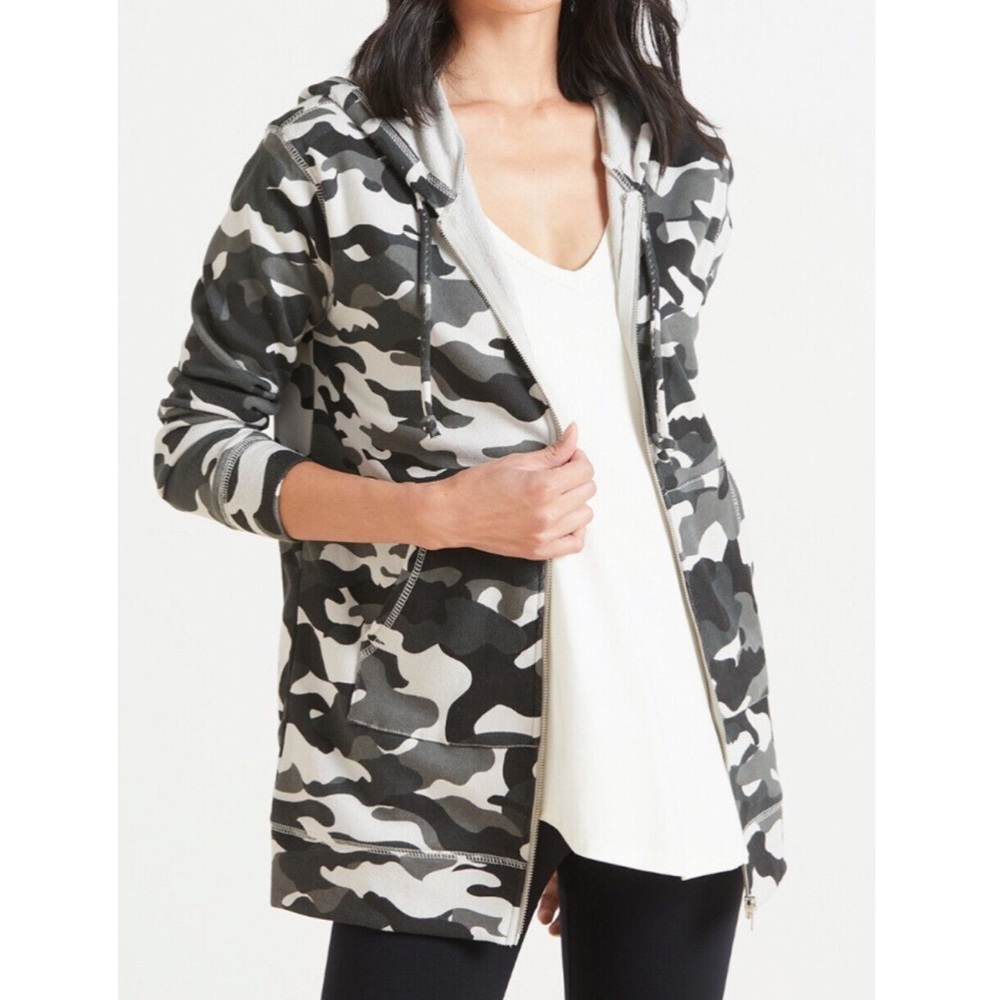 Chaser Camo Full Zip Hoodie Tunic Length Fleece Lined Cotton Black & Gray XS